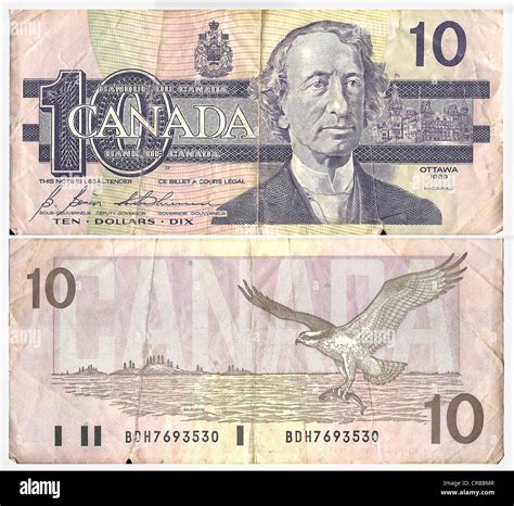 Old banknote, front and rear, 10 Canadian Dollars, Bank of Canada ...