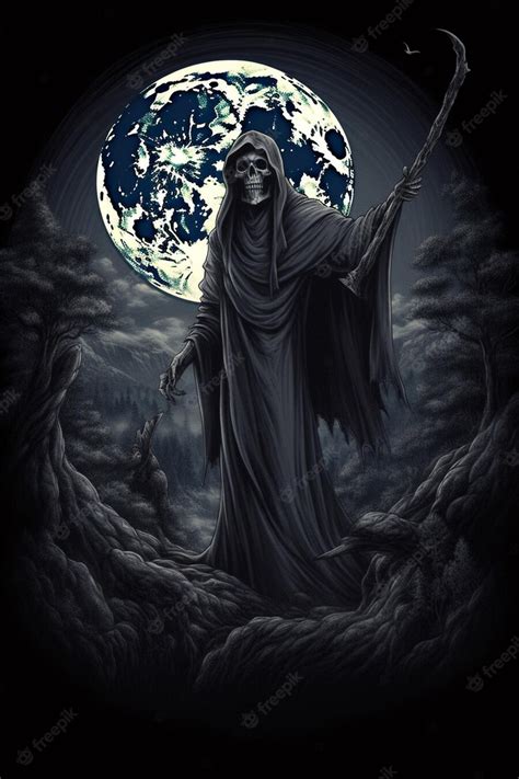 Premium AI Image | A grim reaper with a moon in the background