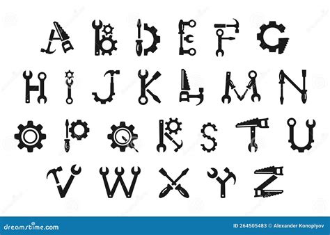 Letters Hand Tools Black Monochrome Alphabet Font Set Vector