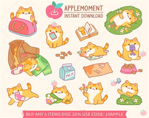 Cute Kawaii Printable Digital Stickers Clipart Daily Cat Life, PNG ...