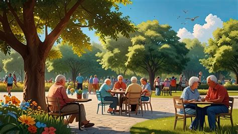 A Painting Of A Park With People Sitting At Tables And One Has A