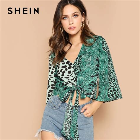 Aliexpress Buy Shein Boho Green Leopard Print Flare Sleeve Knot