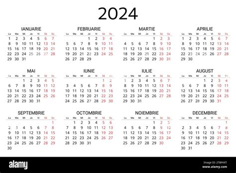 2024 Romanian Calendar Printable Editable Vector Illustration For