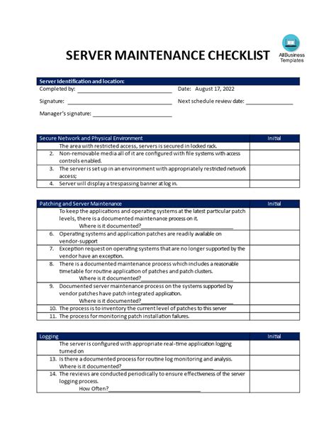 Server Maintenance Security Checklist Templates At