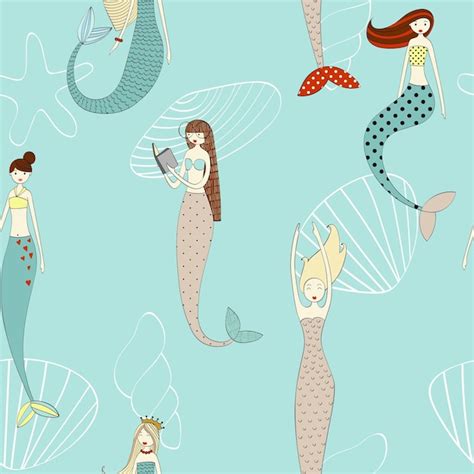 Premium Vector Vector Cute Seamless Pattern With A Mermaids And