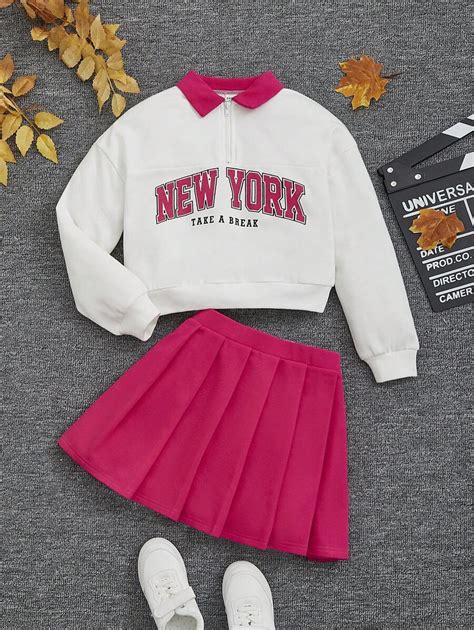 Shein Tween Girl Letter Graphic Contrast Collar Sweatshirt And Pleated