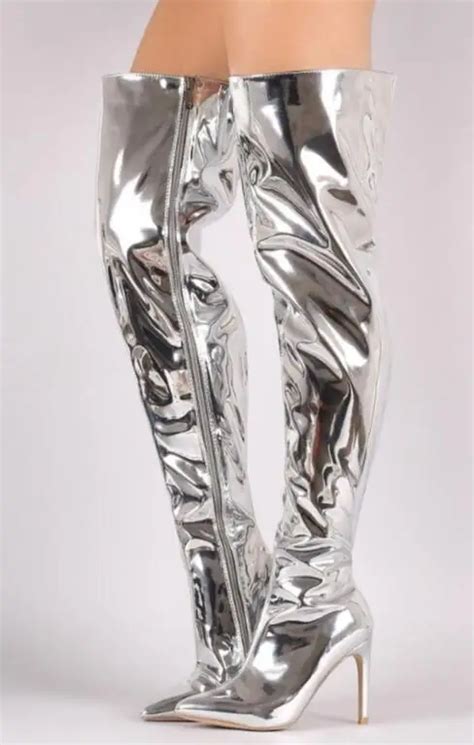 Qianruiti Super Star Metallic Mirror Leather Silver Thigh High Boots