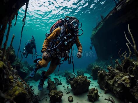 Scuba Divers Exploring The Wreck Of A Ship In The Deep Blue Sea