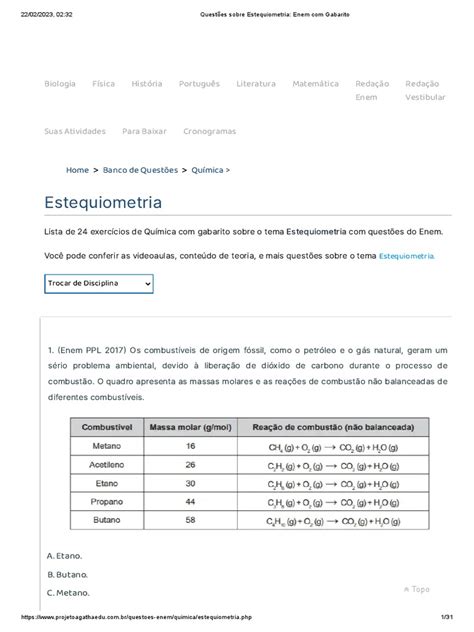 Questões De Estequiometria Pdf - Questões de Estequiometria para o Enem | PDF | Combustão | Dióxido de ...