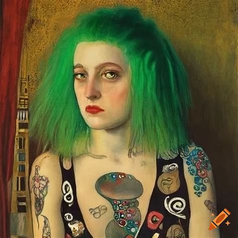 Portrait Of A Punk Woman With Green Hair And Arm Tattoos