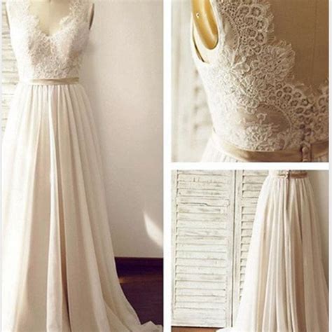 Hot Sales Ivory Lace Long Wedding Dressesv Neck Chiffon Wedding Gownsback V Beach Wedding