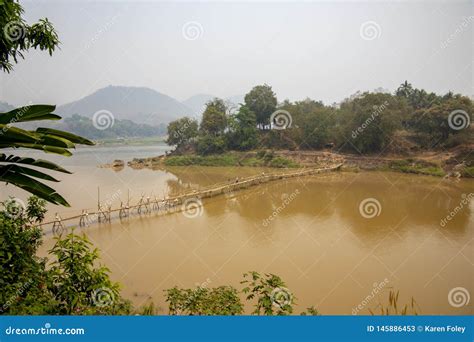 Bamboo Bridge Over Nam Khan River At Confluence Of Mekong River Laos