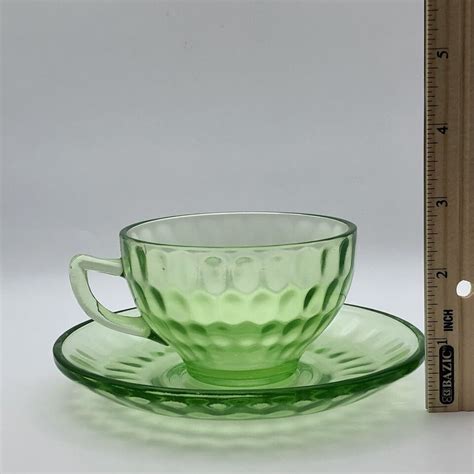 Vintage Green Federal Vaseline Depression Glass Thumbprint Cup And Saucer Set Ebay