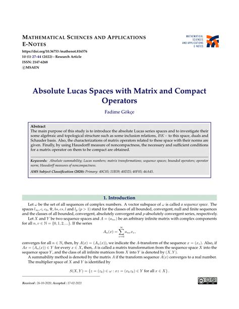 PDF Absolute Lucas Spaces With Matrix And Compact Operators