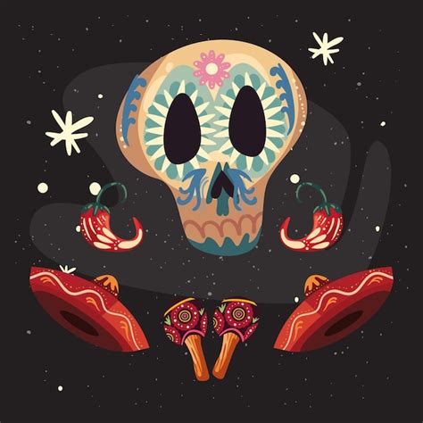 Premium Vector Mexican Skull With Hats And Maracas