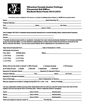 Fillable Online Wcjc 2014 15 Student Data Form Wharton County Junior