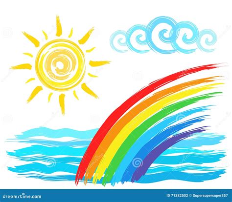 Zon Regenboog En Overzees Artistieke Borsteltekening Vector