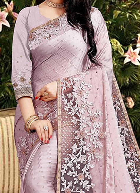 Buy Lavender Silk Georgette Embroidered Saree Party Wear Online At Best