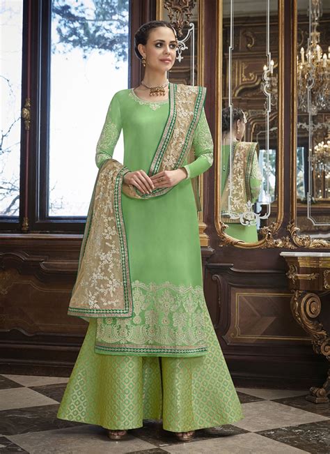 Buy Jacquard Silk Embroidered Green Designer Palazzo Salwar Kameez Online