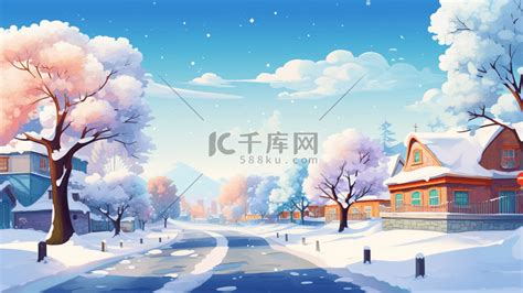 冬季小镇唯美雪景插画图片 千库网