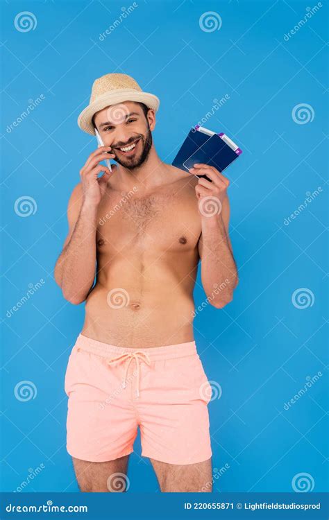 Cheerful Shirtless Man Talking On Smartphone Stock Image Image Of