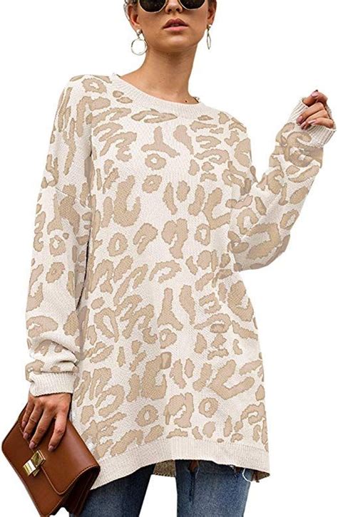 Ecowish Womens Oversized Leopard Print Sweater Long Sleeve Casual