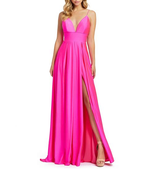 Mac Duggal Empire Waist Deep V Neck Thigh High Slit Sleeveless Gown