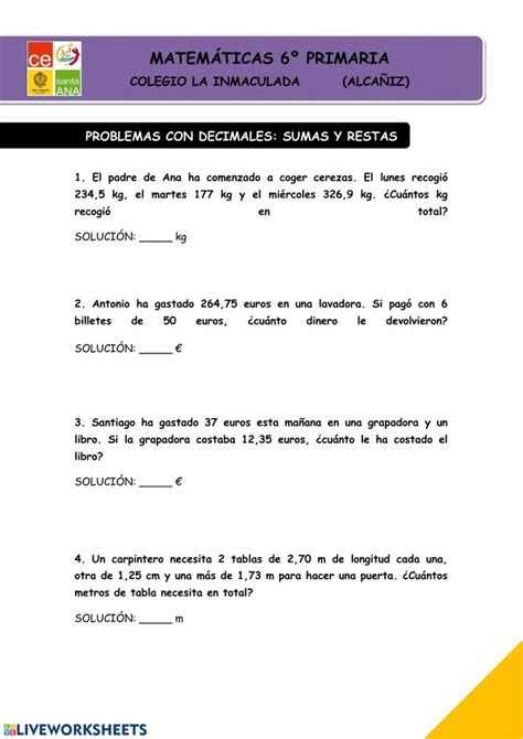 Problemas Sumas Y Restas Decimales Worksheet Matematicas 6 Primaria