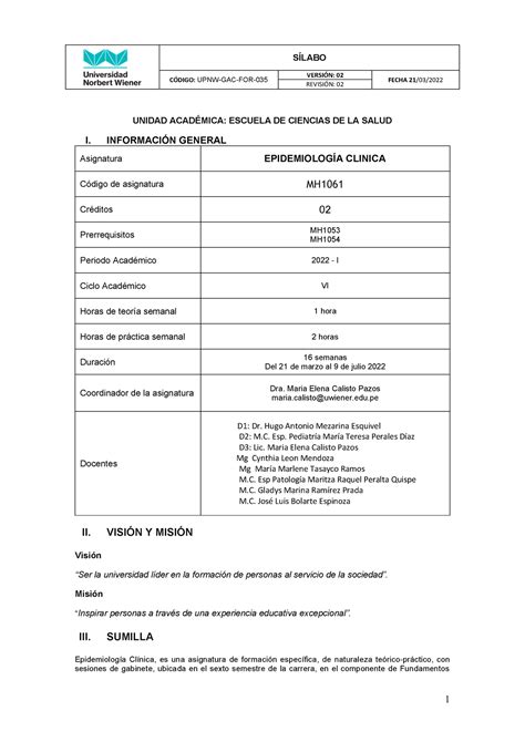 Syllabus Epidemiologia Clinica 2022 1 CDIGO UPNW GAC FOR 035 REVISI