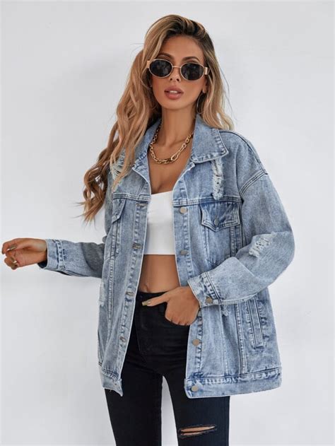 Shein Frenchy Button Front Flap Pocket Drop Shoulder Denim Jacket