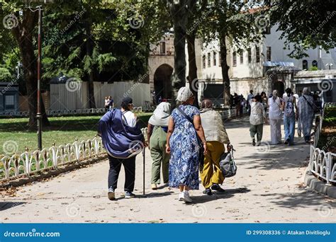 03 08 2023 Istanbul Turkey Tourists In The Courtyard Of The Blue