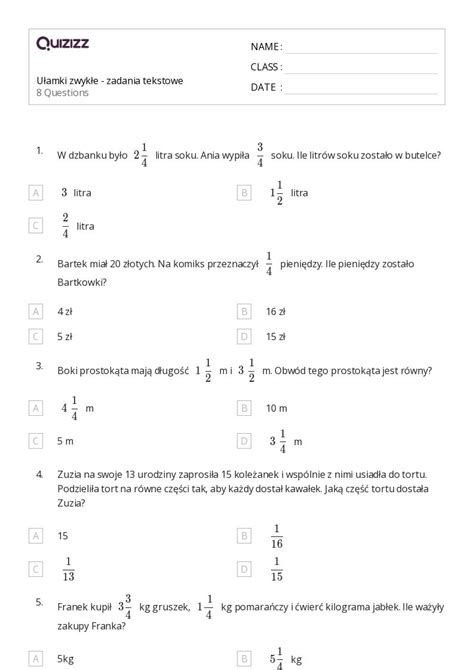 Ponad 50 Zadania Tekstowe Na Ułamki Arkuszy W Quizizz Darmowe I Do Druku
