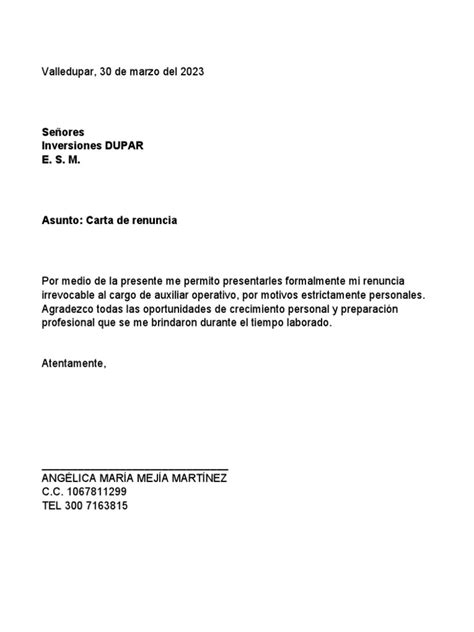 Modelo Carta De Renuncia Pdf