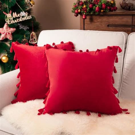 Housse De Coussin No L Cm X Cm Rouge En Velours Frange Lot