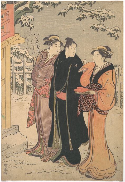 Torii Kiyonaga Man In A Black Haori Coat And Two Women Approaching