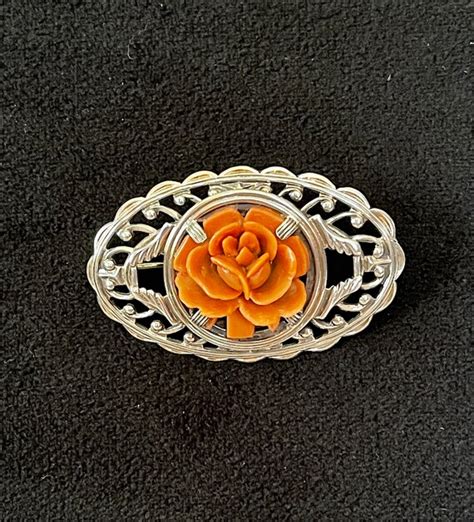 S S Celluloid Carved Coral Rose Brooch Mount Gem