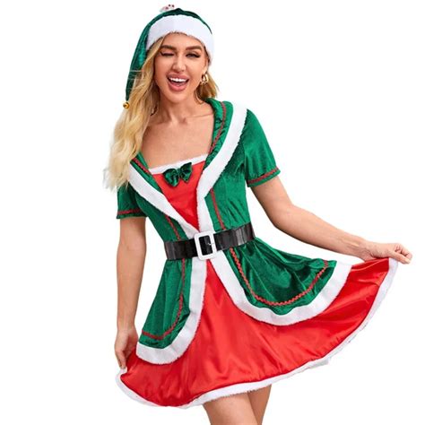 Design Autumn Winter Women Green Christmas Elf Dress Stage Wear