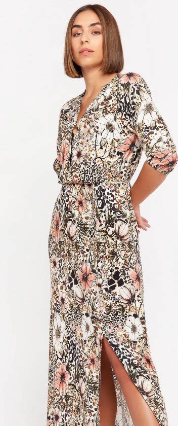 Lolaliza Maxi Jurk Met Bloemen En Luipaardprint Beige Maat Bol