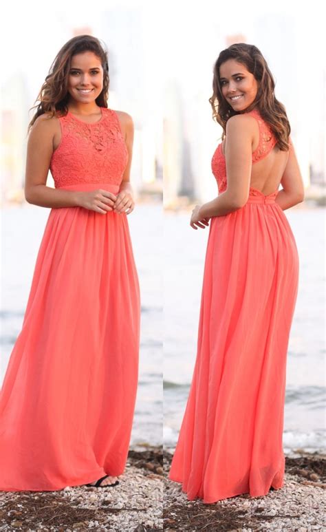 2017 New Coral Beach Bridesmaid Dresses Long Sleeveless Lace Top