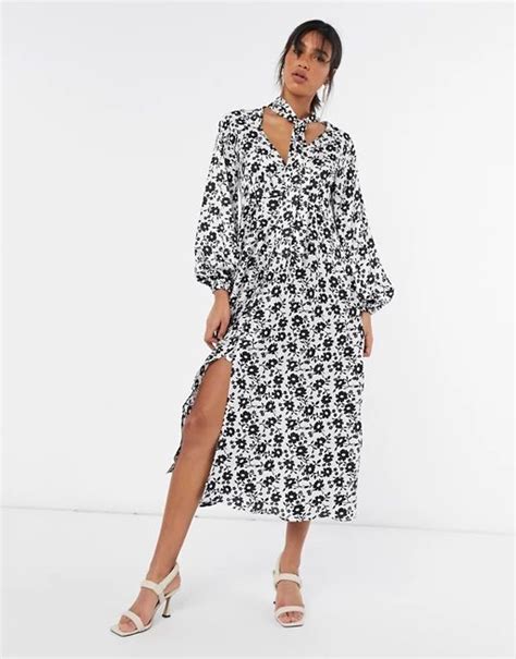 Asos Design Tie Neck Button Through Maxi Tea Dress In Mono Floral