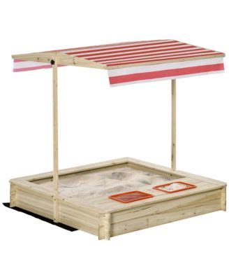 Outsunny Kids Wooden Sandbox w/ Adjustable Canopy Seats Backyard Beach ...