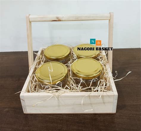 Light Brown 4 Jar Square Pinewood Handle Basket For Gift Packaging