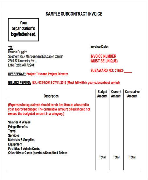 Free Subcontractor Invoice Template