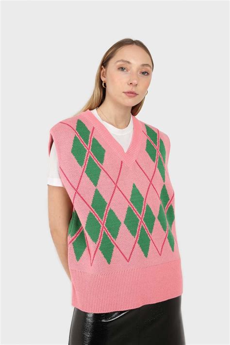 Glassworks London Pink And Bright Green Argyle Sweater Vest