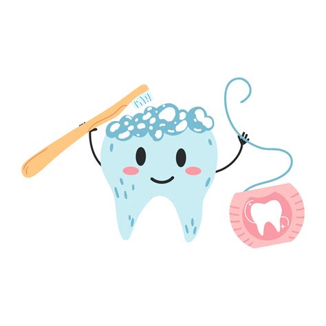 Hand Drawn Kawaii Tooth Character With Toothbrush And Floss In Cartoon