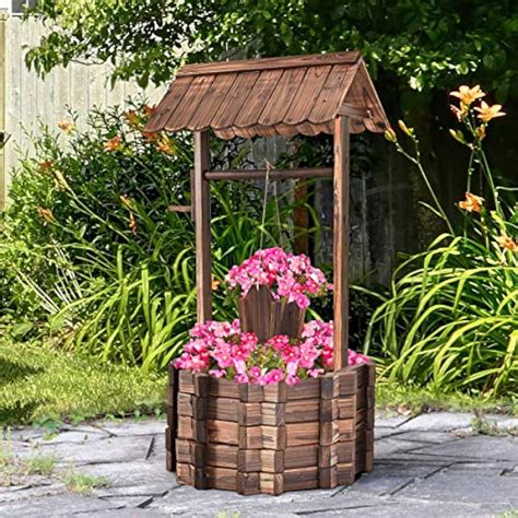 Outdoor Wooden Wishing Well Bucket Flower Plants Planter Patio Garden