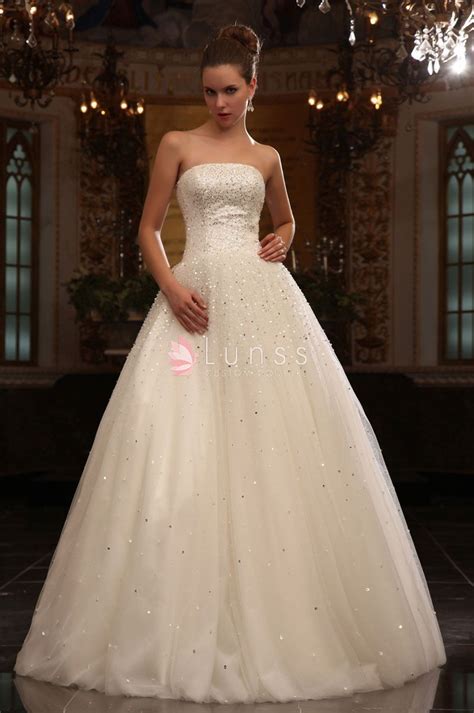 Luxury Sequin Decorated Strapless Ivory Satin Basque Ball Gown Wedding