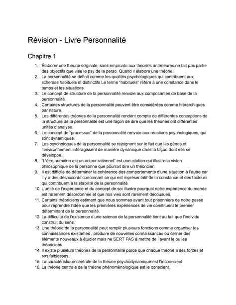 Révision Intra Résumé Psychologie de la personnalité Révision