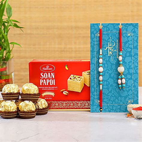 Blue Pearl Lumba Rakhi Set And Soan Papdi With Ferrero Rocher Exp Usa