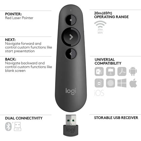 Logitech R500 Laser Presentation Remote Clicker With Dual Connectivity